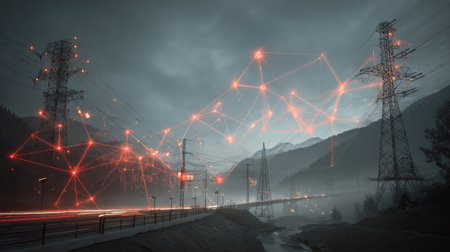 Graphic rendering of smart grid concept with interconnected electronic systemsの素材