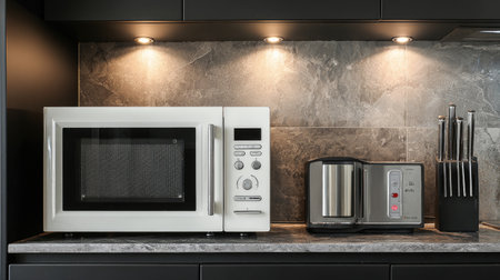 Modern microwave oven and smart kitchen appliances on a counter in a high-tech kitchenの素材