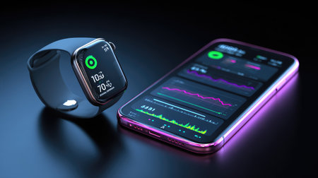Modern smartwatch displaying health tracking data next to sleek phoneの素材