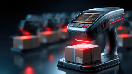 Barcode scanner with red laser beam shining on product packageの素材