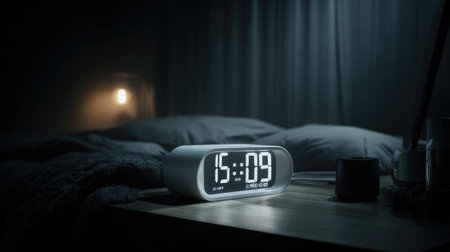 Digital alarm clock on nightstand glowing in dark room, showing time and temperatureの素材