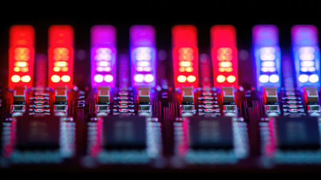Glowing LED indicators and microchips on a circuit board under magnification showing data flowの素材