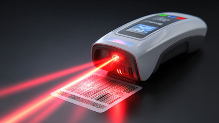 Barcode scanner with red laser beam shining on product packageの素材
