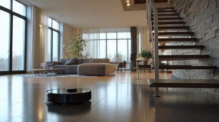 Modern vacuum robot on polished floor beside smart dock station in a contemporary homeの素材