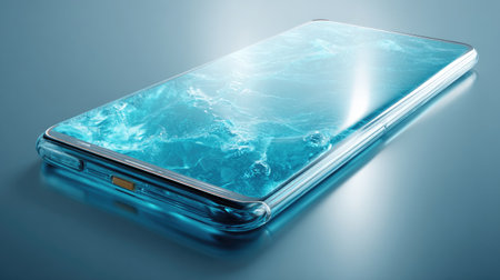 Photorealistic render of futuristic transparent smartphone on reflective surfaceの素材
