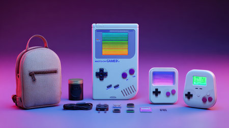 Portable handheld gaming console displayed with accessories on tableの素材