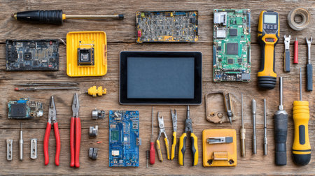 Tech workbench with open electronic device and precision tools for repair or upgradeの素材
