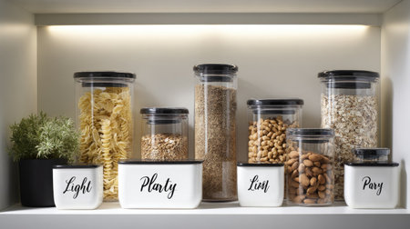 Bright and tidy pantry space with labeled containers, white walls, and overhead light creating a clean aestheticの素材