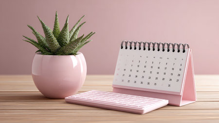 Close-up of office desk with wireless keyboard, planner, and indoor plant against pastel backgroundの素材