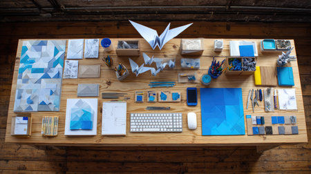 Creative desk with origami paper shapes, instructional diagrams, and folding tools organized neatlyの素材