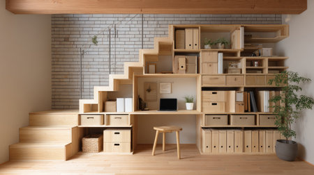Home workspace built into shelf nook, featuring compact desk and storage boxesの素材