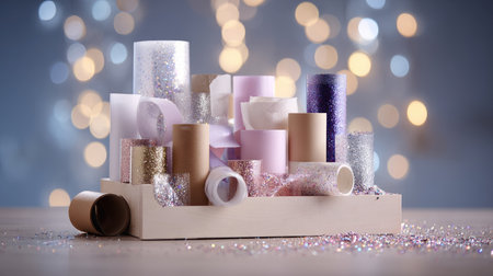 DIY art desk filled with glitter, glue, cardboard cutouts, and paper rolls in a crafting atmosphereの素材