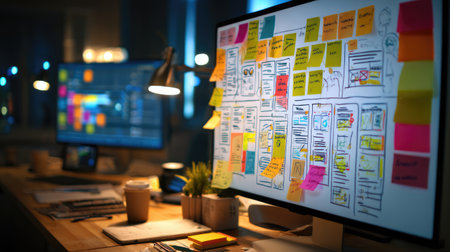 Office desktop with graphic tablet, monitor, and colorful sticky notesの素材