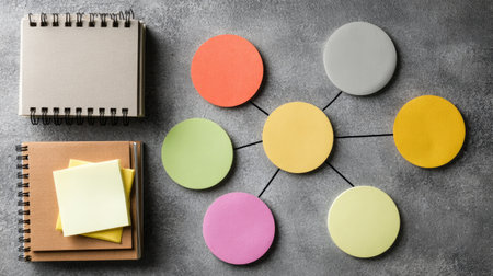Overhead view of colorful mind map on whiteboard, surrounded by notebooks and sticky notesの素材