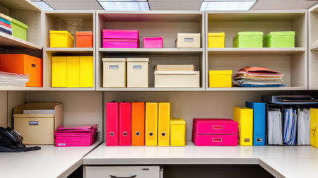 Organized office cubicle with storage boxes, file folders, and clean desk surfaceの素材
