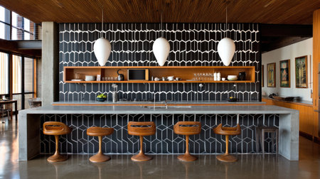 Modern kitchen backsplash design with bold tiles and under-cabinet lightingの素材