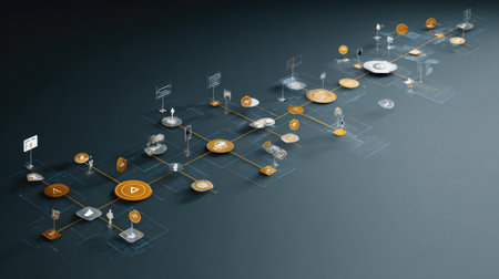 D rendering of referral chain network with layered user icons and incentivesの素材