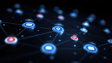 Affiliate network data nodes connected through digital wires and floating SEO icons on tech backgroundの素材