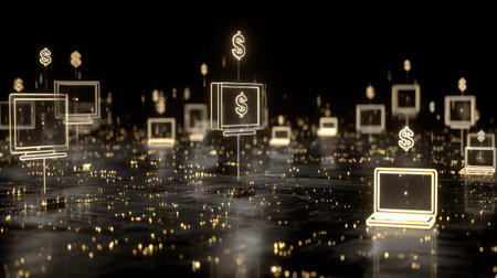 Abstract concept of affiliate network with glowing lines connecting devices, money icons, and websites in a virtual environmentの素材