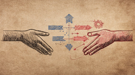 Abstract concept showing hand-drawn chart of affiliate marketing process and partner interaction with digital arrowsの素材