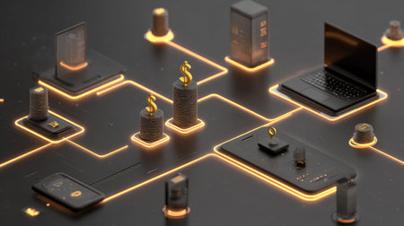 Abstract concept of affiliate network with glowing lines connecting devices, money icons, and websites in a virtual environmentの素材
