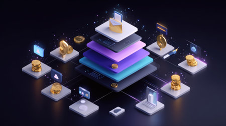 Affiliate program concept shown with layered charts, email icons, and payout links forming a structured marketing funnelの素材