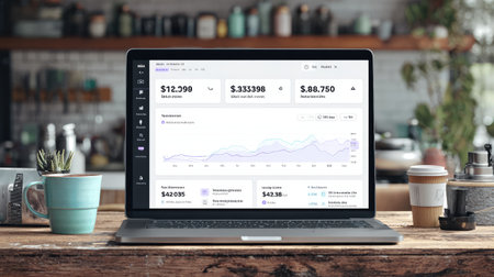 Affiliate program dashboard on laptop screen with statistics, earnings, and referral link data in a modern workspace settingの素材
