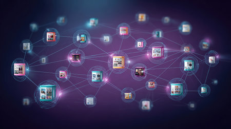 Affiliate network concept with digital connections between brands, creators, and productsの素材