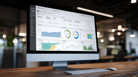 Computer screen displaying affiliate dashboard with sales analytics and performance charts in a modern digital workspace, no peopleの素材