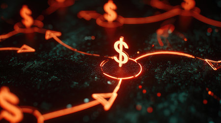 Concept image of network nodes with referral arrows and dollar signs over abstract digital backgroundの素材