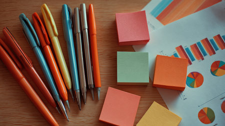 Flat lay of a workspace desk with printed referral marketing plan, colorful pens, and sticky notesの素材