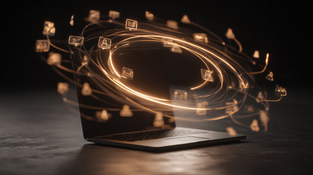 Concept image of affiliate network on glowing laptop with charts, arrows, and referral links in motionの素材