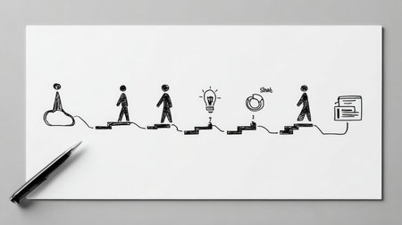 Minimalistic whiteboard sketch concept showing steps in an affiliate network with focus on conversion and trackingの素材