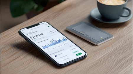 Mobile phone screen displaying affiliate income app and digital wallet with payout stats on wooden tableの素材