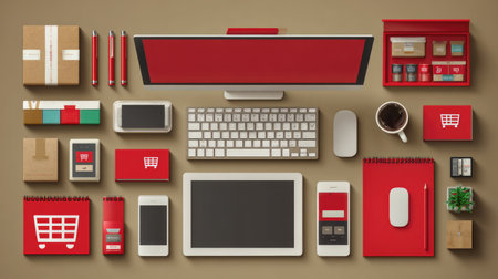 Modern flat lay of digital devices illustrating affiliate marketing flow from product link to sale on clean deskの素材