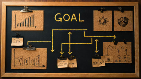 Referral campaign strategy pinned on corkboard with flow arrows and goal metricsの素材