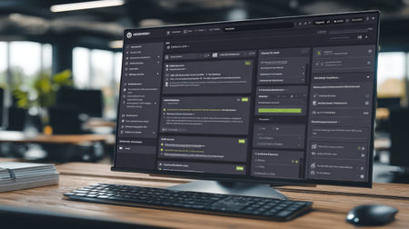 Workspace with affiliate link management software and settings panel open on screen, no peopleの素材