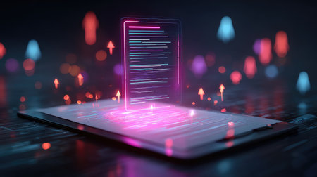 Virtual affiliate agreement form hovering over D digital workspace with charts and traffic arrowsの素材