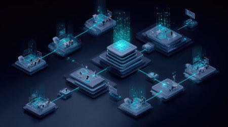 Top-down image of network diagram with connected links representing affiliate program across multiple platformsの素材