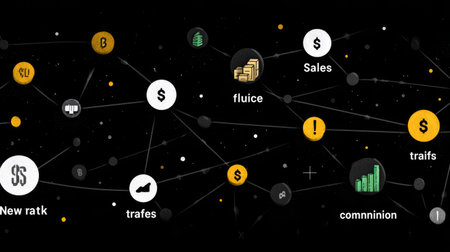 Network architecture image with various affiliate-related icons like sales, traffic, clicks, and commissions interconnectedの素材