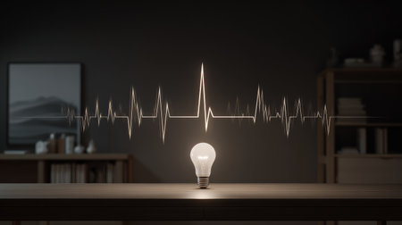 Biometric smart bulb in a home setup, glowing above a minimal table with pulse sensor signals radiating outwardの素材