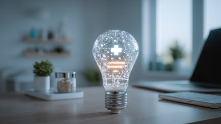Biometric bulb design concept with medical symbols, glowing above desk in clean smart home setupの素材