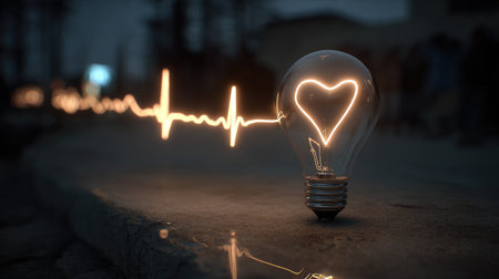 Close-up of smart bulb with glowing heart rhythm animation reflected on nearby surfaceの素材