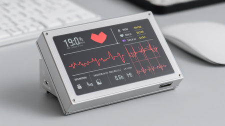 Compact health patch design showcased with clean minimal background and tech overlay graphicsの素材