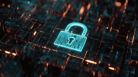 Cybersecurity concept with digital lock icon surrounded by abstract firewall matrixの素材