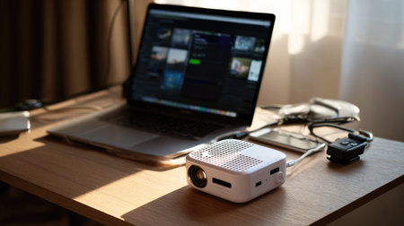 Compact projector in action during remote work setup on a small desk with laptopの素材