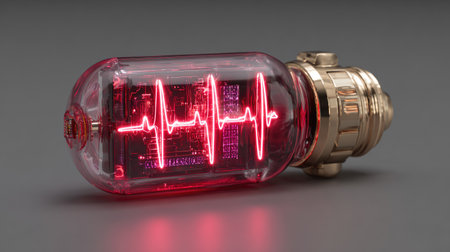 Heart rate monitor light bulb, concept display with integrated IoT and AI health monitoring interfaceの素材