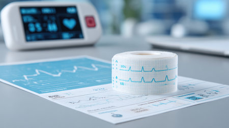 Flexible bio-monitoring patch coiled next to digital health report printouts on clinical tableの素材
