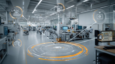 High-tech environment with interconnected digital interfaces and smart system controlの素材