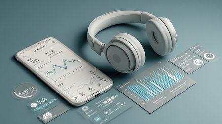Visual showing headphones with brainwave interaction interface and mood-tracking screenの素材